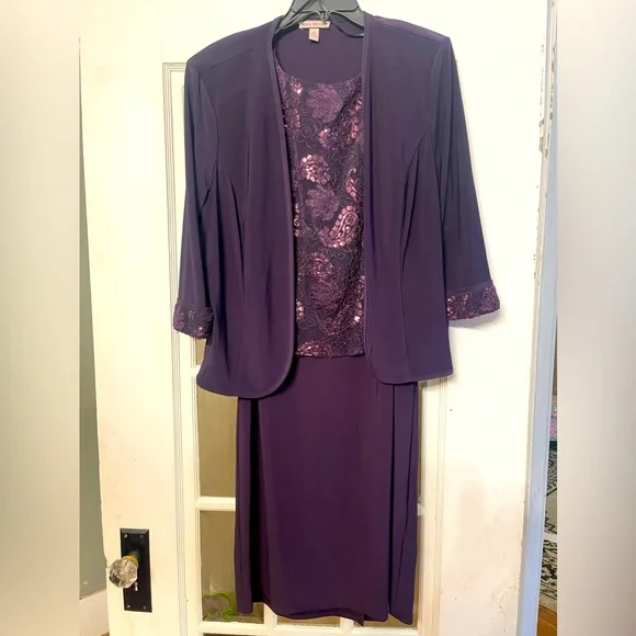 Maya Brooke 3/4 Sleeve Sequin Embroidered Jacket and Dress Eggplant Paisley Maya Brooke 3/4 Sleeve Sequin Embroidered Jacket and Dress Eggplant Paisley